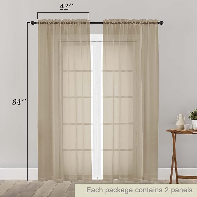 Taupe Sheer Curtains 84 Inches Long 2 Panels, Soft Airy Light Filtering Curtains for Bedroom Living Room, Modern Rod Pocket Privacy Drapes Window Treatments, Taupe, Total Wide 84 Inch