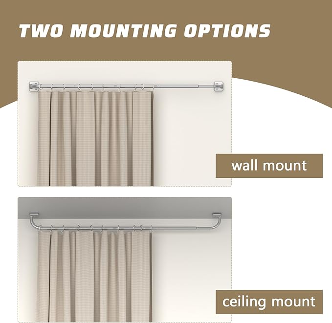 UIOSANRT Curtain Rods for Windows 32 to 60 inch, 5/8" Diameter Silver Ceiling Mount Warp Around Long Curtain Rod for Bedroom Living Room