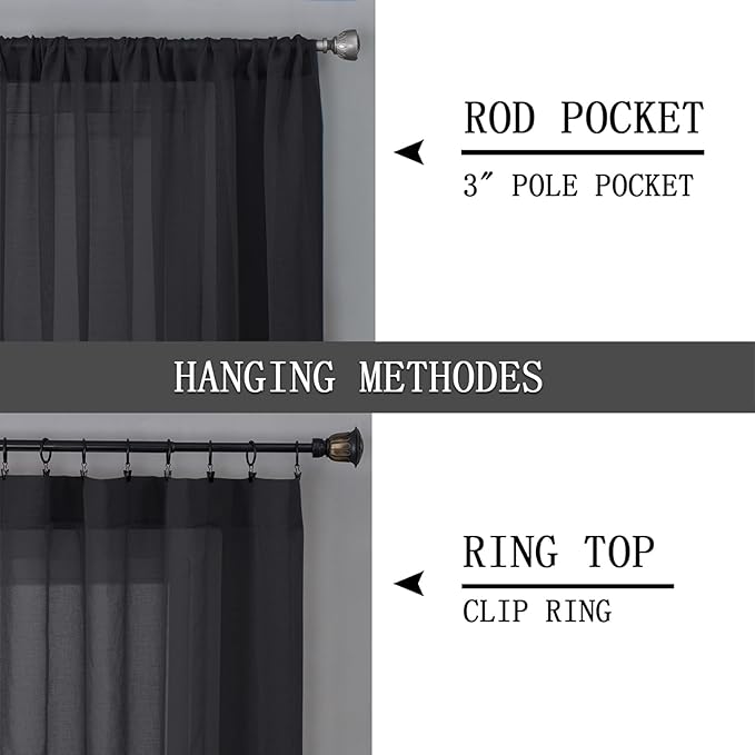 Tollpiz Sheer Curtains Living Room Linen Textured Curtain Sheers Light Filtering Voile Rod Pocket Curtains for Bedroom, 38 x 63 inches Long, Black, Set of 2 Panels
