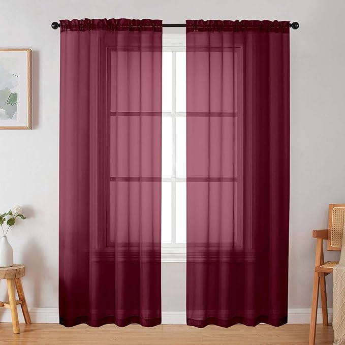 Burgundy Sheer Curtain for Bedroom Living Room 78 Inches Long 2 Panels Set, Solid Soft Airy Light Filtering Sheer Window Curtains, Modern Rod Pocket Door Curtain, Burgundy, 42" Wx78 L Inches
