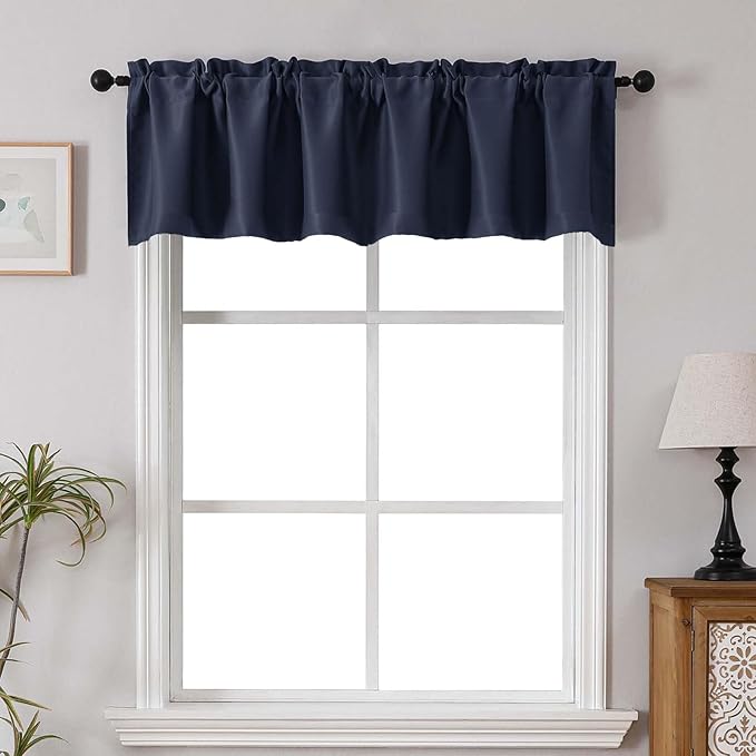 Chyhomenyc Navy Blue Blackout Valances for Windows, Short Window Valance Curtains for Living Room Bedroom Bathroom, Room Darkening Solid Privacy Small Kitchen Valances, 60Wx16L, 2 Pack