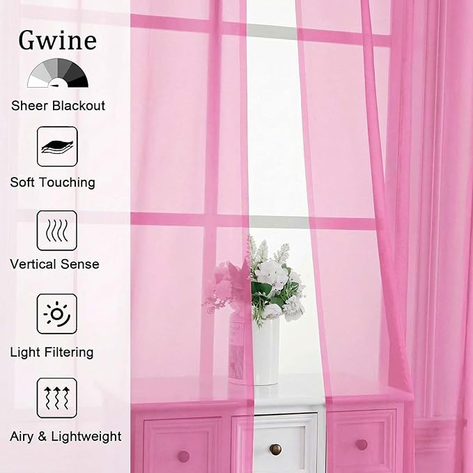 Gwine Sheer Curtains for Living Room 45 inch Length - Light Filtering Voile Window Curtain Panels for Bedroom, Soft Rod Pocket Sheer Curtain Drapes, Each 42Wx45L, 2 Panels, Hot Pink