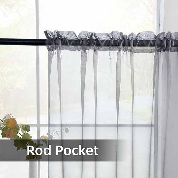 youleyar Solid Sheer Rod Pocket Curtain Voile Draperies 2 Panels White Beige Black Ivory Grey 26 Inch Width 30 Inch Long 1 Pair for Kitchen Bedroom Children Living Room Yard(Grey,26W x 30L)