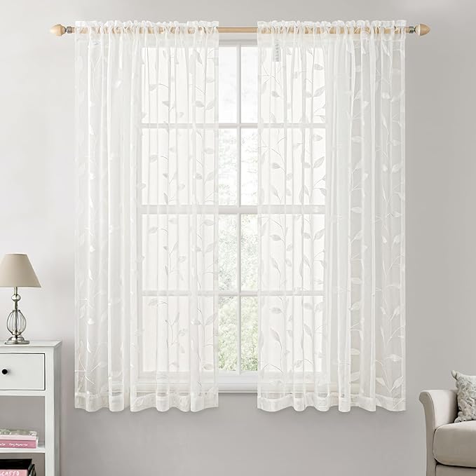 MIULEE Ivory Sheer Curtains 2 Panels Embroidered Leaf Patterned Rod Pocket Floral Semi Sheer Faux Linen Window Curtains Drapes Set for Living Room Bedroom Dining Room, 52x63 Inches Long