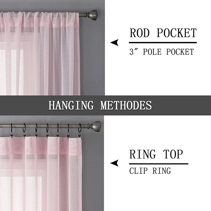 Tollpiz Short Sheer Curtains Linen Textured Living Room Curtain Sheers Light Filtering Rod Pocket Voile Curtains for Bedroom, 42 x 45 inches Long, Pink, Set of 2 Panels