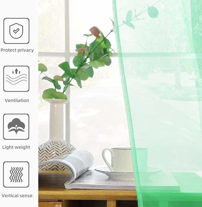 youleyar Solid Sheer Rod Pocket Curtain Voile Draperies 2 Panels White Beige Black Grey Coffee 52 Inch Width 96 Inch Long 1 Pair for Kitchen Bedroom Children Living Room Yard (Light Green,52Wｘ96L)