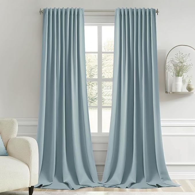 MIULEE Slate Blue Back Tab Blackout Curtains 108 Inch Long 2 Panels Set for Bedroom, Rod Pocket/Pinch Pleat Extra Long Thermal Insulated Living Room Darkening Pleated Light Blocking Drapes