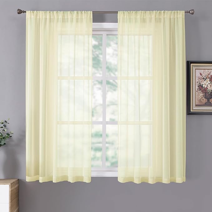 Tollpiz Short Sheer Curtains Linen Textured Bedroom Curtain Sheers Light Filtering Rod Pocket Voile Curtains for Living Room, 54 x 45 inches Long, Transparent Yellow, Set of 2 Panels