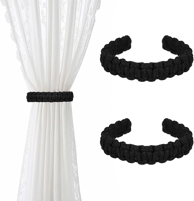 Ptwola 2 Pack Braided Curtain Tiebacks Boho Elegant Rustic Curtain Holdbacks Tie Backs Holders Set Simple Light Weight Drapes Decorative Accessories Handmade for Home Office Bedroom Window (2, Black)
