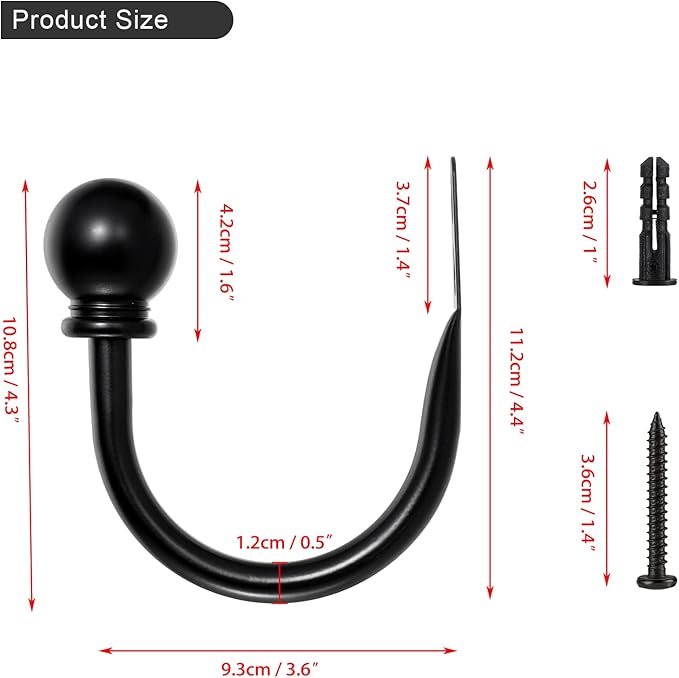 Sumnacon Set of 2 Metal Decorative Curtain Holdbacks, Wall Mounted Window Drapery Tiebacks for Bedroom, Livingroom, Office Come with Screws, Black