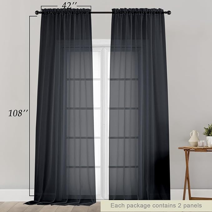 Extra Long Sheer Black Curtains for Bedroom Living Room 108 Inches Long 2 Panels Set, Solid Soft Light Filtering Rod Pocket Sheer Window Curtains, Black, Each 42" Wx108 L Inch