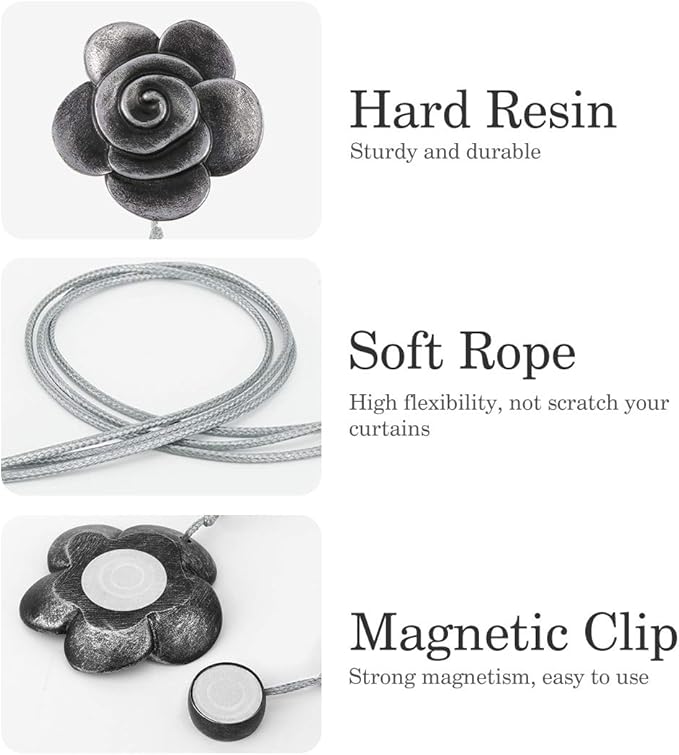 Lewondr Drapery Holders, Vintage Resin Flower Curtain Ties with Rope Curtain Holdbacks Window Curtain Decorative for Outdoor, Home Office, and Cafe Balcony - Ink