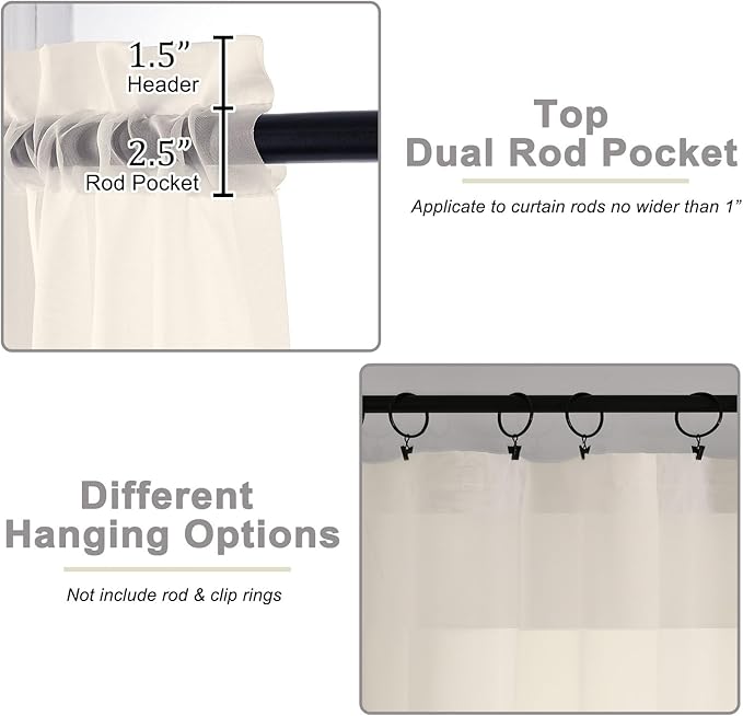 Extra Long Sheer Cream Curtains for Bedroom Living Room 108 Inches Long 2 Panels Set, Solid Soft Light Filtering Rod Pocket Sheer Window Curtains, Cream, Each 42" Wx108 L Inch