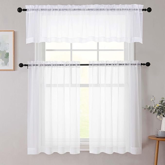 Cafe Curtains 36 Inch Length Tier 2 Pieces, Modern Soft Airy Sheer Kitchen Short Curtains for Small Window, Rod Pocket Small Curtain for Bathroom Basement, White, Each, 42" Wx36 L Inches