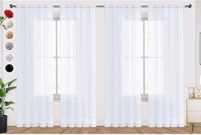 SpaceDresser Optical White Sheer Curtains 4 Panels Rod Pocket Semi-Sheer Curtain 63 Inches Long Light Filtering Voile Window Drapes for Bedroom Living Room Kitchen, Each 52W x 63L