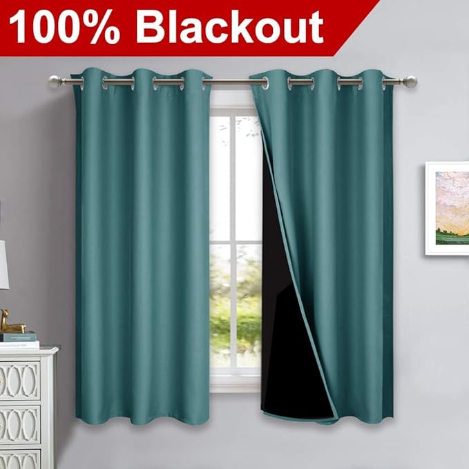 NICETOWN 100% Blackout Short Curtains with Black Liners, 2 Panels, 37" W by 40" L, Sea Teal, Solid Thermal Insulated Full Blackout 2-Layer Lined Drapes, Energy Efficiency Window Draperies for Bedroom