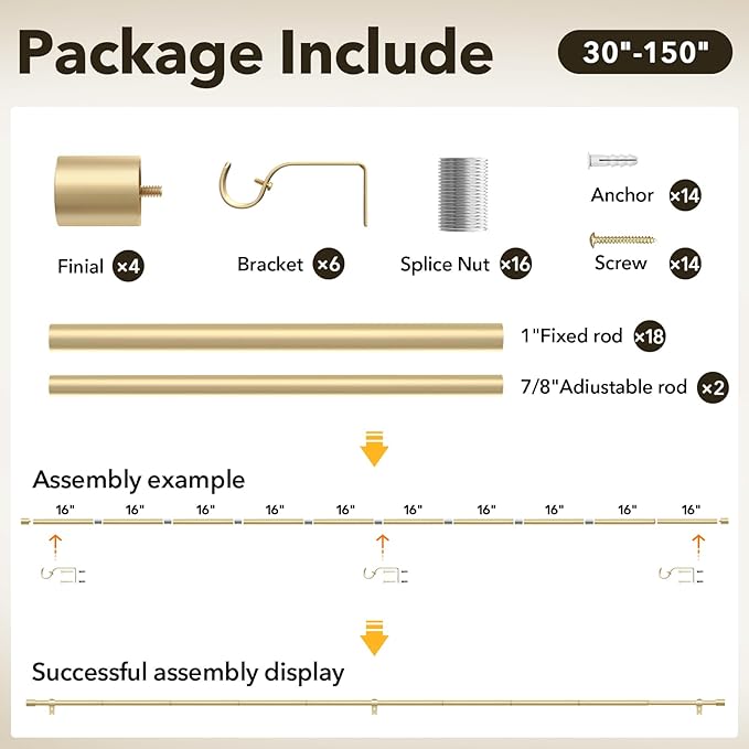 IFELS 2 Pack Heavy Duty Curtain Rods for Windows 72 to 144 Inch, 1 Inch Gold Curtain Rods Set of 2 Pack for Outdoor, Farmhouse, Bedroom, Adjustable Easy Install Drapery Rod (A2,Gold,30"-150"-2Pack)