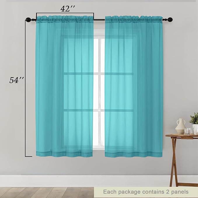 Sheer Turquoise Curtains for Bedroom Living Room 54 Inch Length 2 Panels Set, Solid Soft Airy Light Filtering Window Treatments, Modern Rod Pocket Drapes, Turquoise, 42" Wx54 L Inches