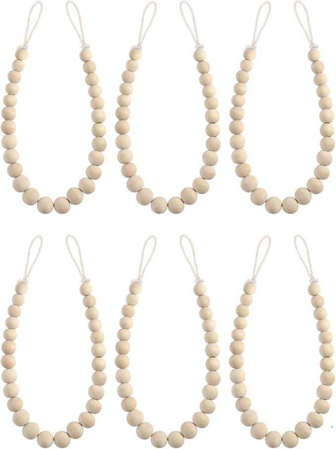 Hion 6 Pcs Boho Curtain Tiebacks,Wood Beads Curtain Holdbacks,Outdoor Farmhouse Tie Backs for Curtains,Curtain Holders for Drapes Home Office Room Decor with Hooks No Drilling(Wood Color)
