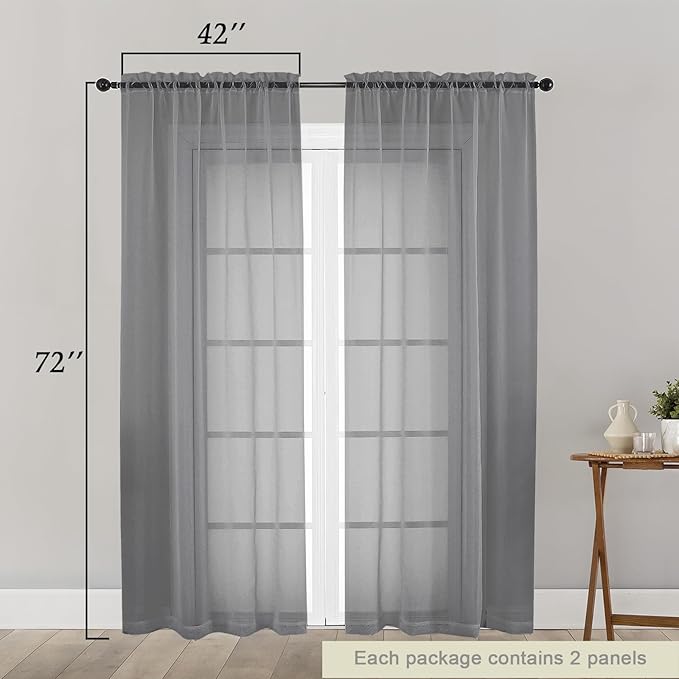 Grey Sheer Curtain for Bedroom Living Room 72 Inches Long 2 Panels Set, Solid Soft Light Filtering Sheer Window Curtains, Modern Rod Pocket Door Curtain, Grey, 42" Wx72 L Inches