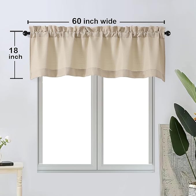 OWENIE Bob Valance Curtains 18 Inch Length 1 Piece, Faux Linen Slub Solid Linen Kitchen Valance for Bedroom Living Room, Farmhouse Soft Airy Rod Pocket Small Window Curtain, Each 60Wx18L Inch