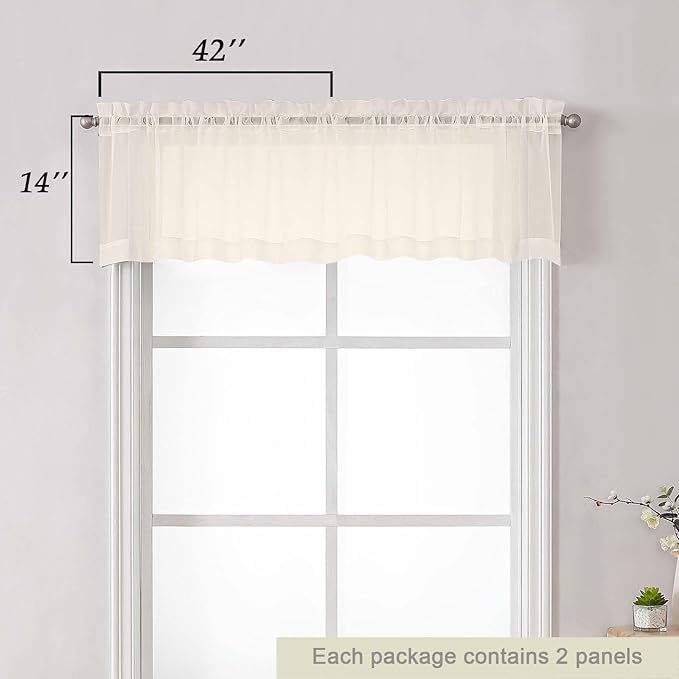 Cream Valances for Windows, Cream Sheer Curtains 14 Inch Length 2 Pack Kitchen Drapes, Modern Solid Mini Small Window Curtains for Cafe Bathroom Basement, 42" Wx14 L Inches