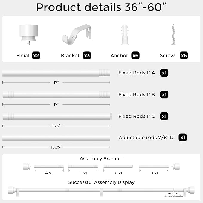 Modern White Curtain Rods for Windows 30 to 56 Inch, 1" Diameter Adjustable Heavy Duty Window Curtain Pole with Matte White End Cap Finials, Decorative Drapery Rods for Living Room, Bedroom
