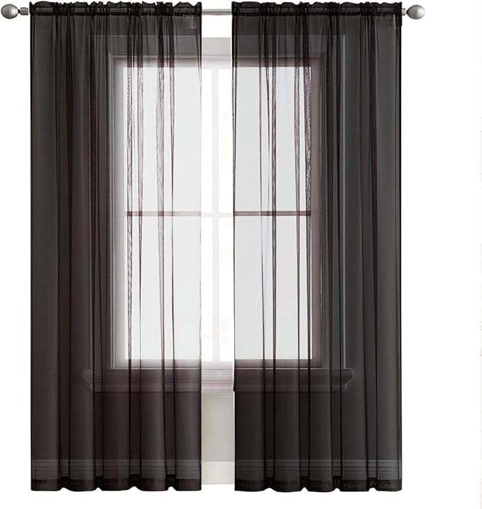 SpaceDresser Black Sheer Curtains 4 Panels Rod Pocket Semi-Sheer Curtain 45 Inches Long Light Filtering Voile Window Drapes for Bedroom Living Room Kitchen, Each 52W x 45L
