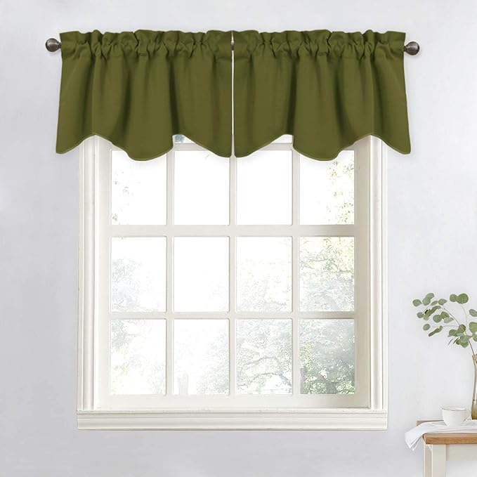 NICETOWN Window Valances for Kitchen - Small Short Decoration Solid 52 inches by 18 inches Rod Pocket Tiers Valances for Kids Bedroom/Bedroom/Living Room/Bar Window/Christmas (Olive Green, Set of 2)