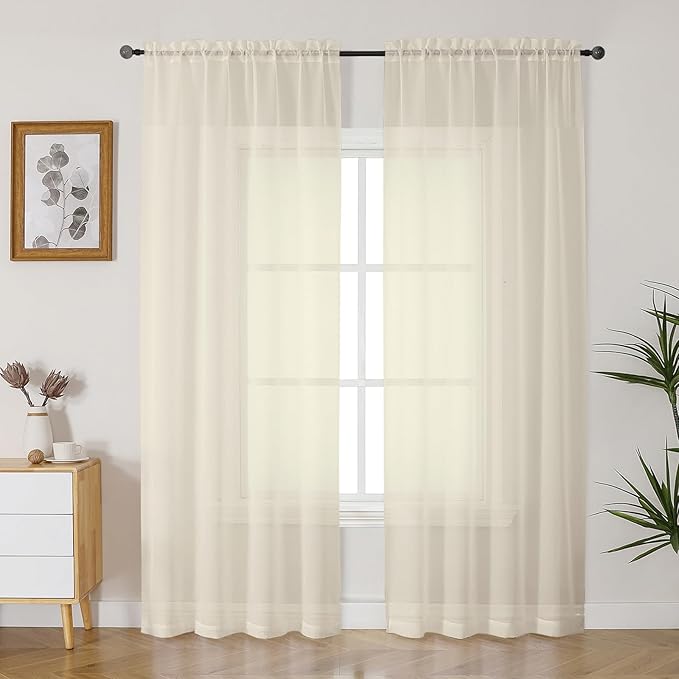 Gwine Cream Sheer Curtains 90 Inches Long 2 Panels Set, Light Filtering Solid Filmy Drapes for Living Room Bedroom, Elegant Soft Rod Pocket Voile Sheer Window Curtains, 42Wx90L Inch, 2PCS, Cream