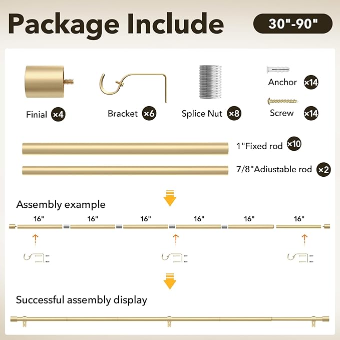 IFELS 2 Pack Curtain Rods for Windows 48 to 84 Inch, 1 Inch Gold Curtain Rod for Farmhouse, Bedroom, Kitchen, Living Room, Adjustable Easy Install Curtains Rods(Gold,30"-90"-2Pack)