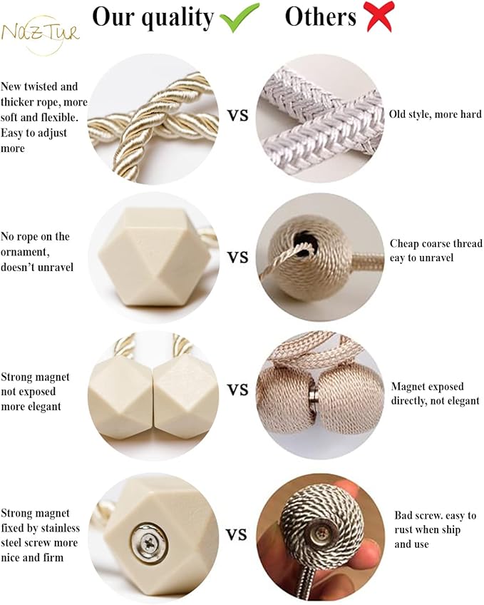 NazTur Magnetic Curtain Tiebacks- Upgrade 2022 with a Thicker Twist Rope & Strong Magnet Tieback Window Treatment Holdbacks Draperies Holders Decorative Drape Handmade Tie Back (Beige, 4)