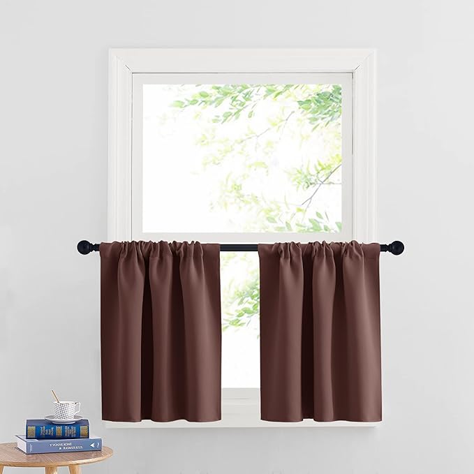 RYB HOME Blackout Cafe Curtains 30 inch Length, Short Light UV Heat Blocking Energy Saving Privacy Curtain Tiers for Basement Bathroom Kitchen Window, Width 29 by Length 30, Chocolate Brown, 2 Panels