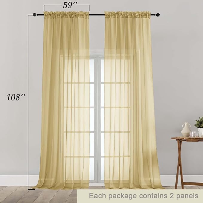 Extra Long Gold Sheer Curtains for Bedroom Living Room 108 Inches Long 2 Panels Set, Solid Soft Light Filtering Rod Pocket Sheer Window Curtains, Gold, Each 59" Wx108 L Inch
