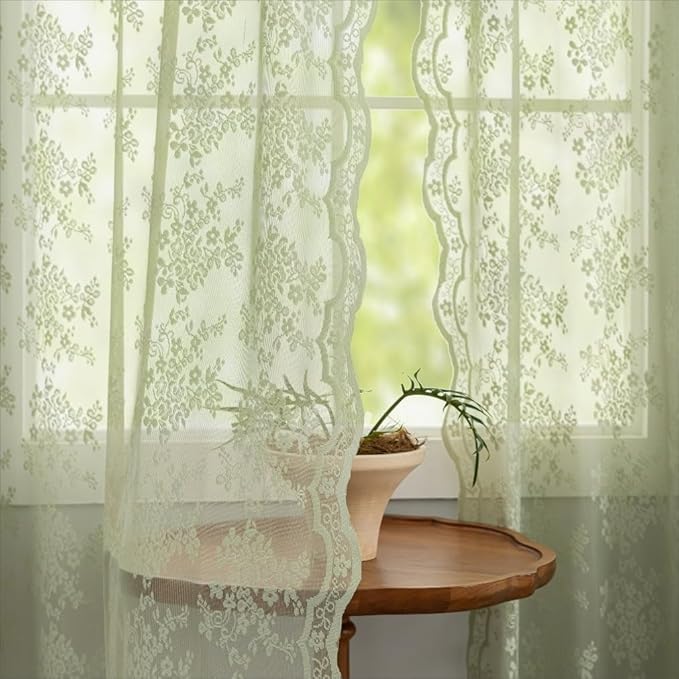 YJ YANJUN Vintage Lace Curtains 84 Inch Long- Victorian Floral Pattern Sheer Sage Green Curtains for Bedroom Living Room Kitchen Hallway 2 Panels Set Rod Pocket Spring Summer Boho Decor 52Wx84L