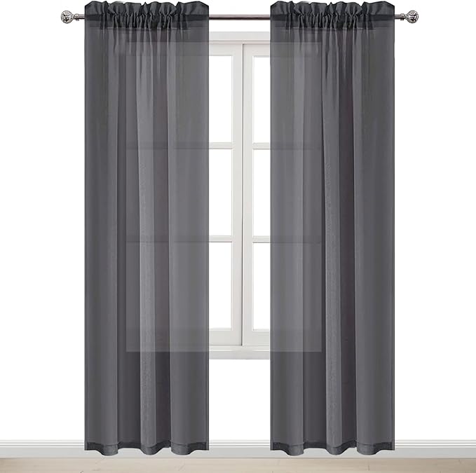 DWCN Dark Grey Sheer Curtains Semi Transparent Voile Rod Pocket Curtains for Bedroom and Living Room, 42 x 84 inches Long, Set of 2 Panels