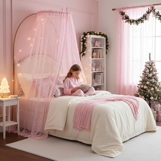 WAZZIO Boho Lace Curtains 63 Inch 2 Panels -Sheer Panel Drape Floral Pattern & Tassel Light Filtering Privacy for Bedroom Dining Living Room,Princess Pink Girl Bedroom Decor,Pale Pink,W52 x 63L