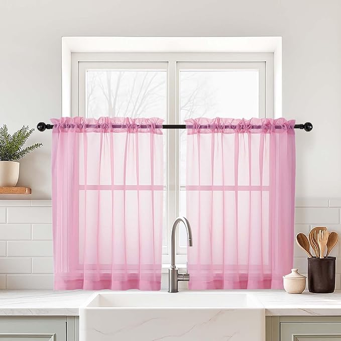 Light Pink Small Sheer Curtains 2 Panels Set, Kitchen Curtains 36 Inch Length, Elegant Light Filtering Short Window Drapes for Living Room Bedroom, Dual Rod Pocket Design, 2x42Wx36L Inches