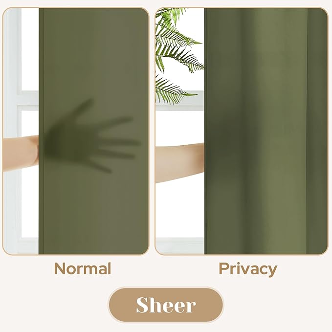 HOMEIDEAS Non-See-Through Olive Green Privacy Sheer Curtains, 52 X 45 Inches Long 2 Panels Sheer Curtains Light Filtering Window Drapes for Bedroom Living Room