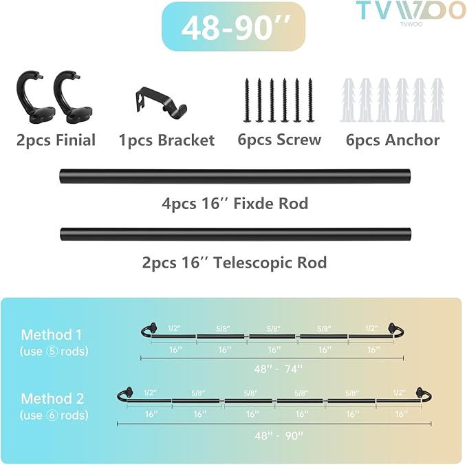 TVWOO Wrap Around Curtain Rods,Black Curtain Rods 48 to 84 Inch,5/8 Inch Adjustable Blackout Curtain Rod Set,Room Darkening Single Window Rod,Metal Thicken Hidden Curved Drapery Rod 48-90",Matte Black