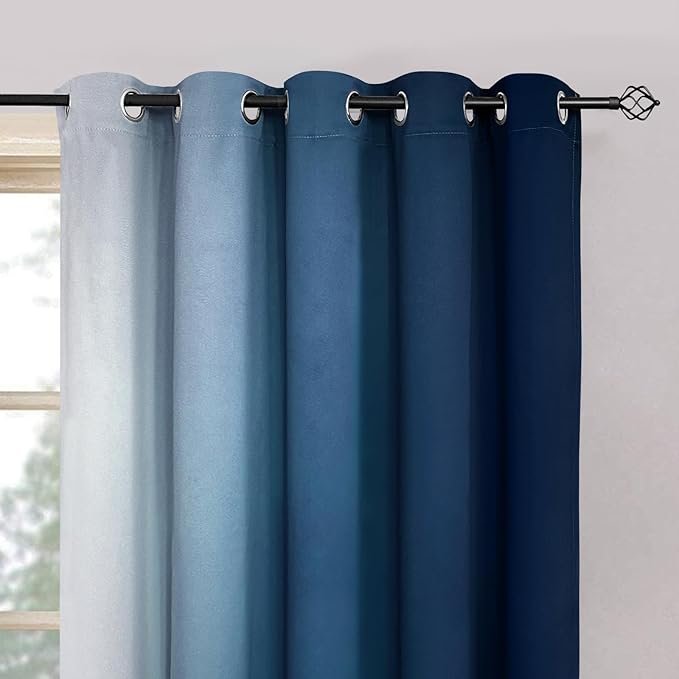 Yakamok Room Darkening Ombre Curtains,Thermal Insulated Grommet Window Drapes, Light Blocking Gradient Color Curtains for Bedroom(Blue and Greyish White, 70x63 Inch, Set of 2)