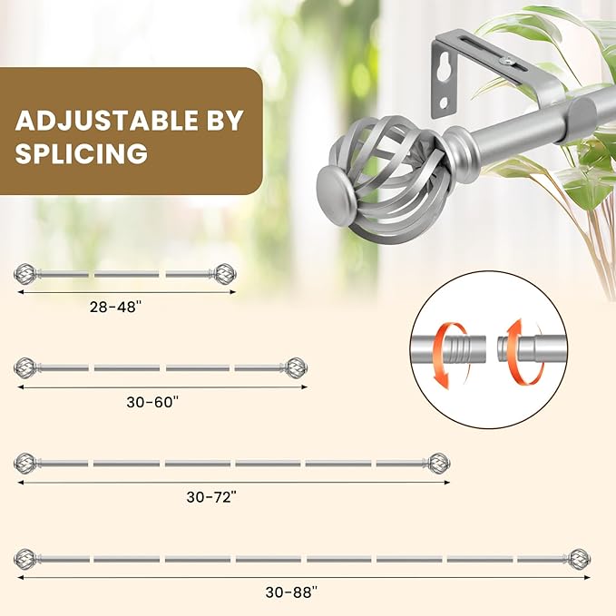 Luvenia Silver Decorative Curtain Rods,Adjustable Curtain Rod For Windows 30 to 88 Inch(2.5-7.3Ft),Long Curtain Rod For Bedroom, Living Room,Kitchen,Farmhouse