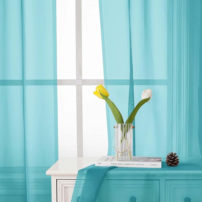 Lecloud Aqua Sheer Curtains for Bedroom 84 Inches Long 2 Panels, Voile Solid Transparent Modern Farmhouse Decor Drapes, Dual Rod Pockets Window Curtains for Living Room, Each Panel 42" W x 84" L