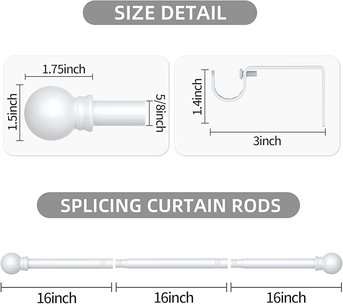 Thestoa Curtain Rods for Windows 30-62 Inch, 5/8" White Curtain Rod for Bedroom, Living Room,Kitchen,Farmhouse, Outdoor