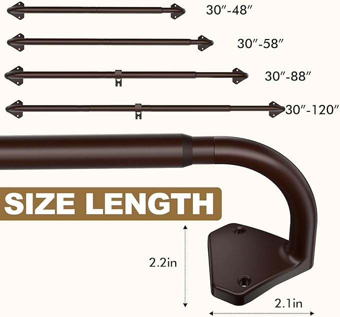 GXOACKJ Brown Curtain Rods for Windows 66 to 120 inch, 5/8 inch Adjustable Wrap Around Blackout Curtain Rods for Bedroom & Outdoor