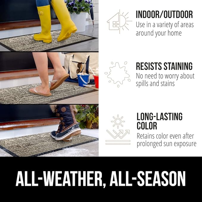 GORILLA GRIP 100% Waterproof All-Season WeatherMAX Doormat US Designed Natural Rubber, Stain and Fade Resistant, Low Profile Indoor Outdoor Door Mats, Easy Clean Patio Mat, 29x17, Sand Beach
