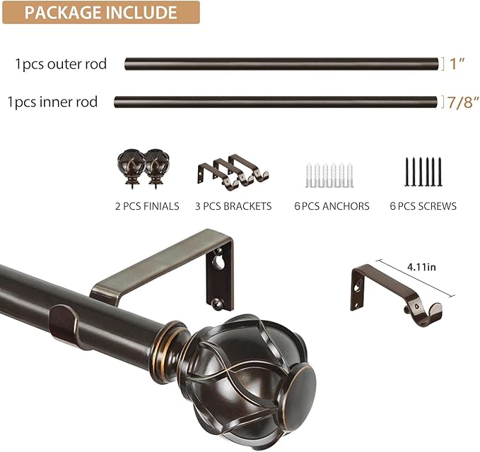 KAMANINA 1 Inch Curtain Rod Telescoping Single Drapery Rod 36 to 72 Inches (3-6 Feet), Antique Bronze Curtain Rods for Windows 24 to 68 Inches, Netted Texture Finials