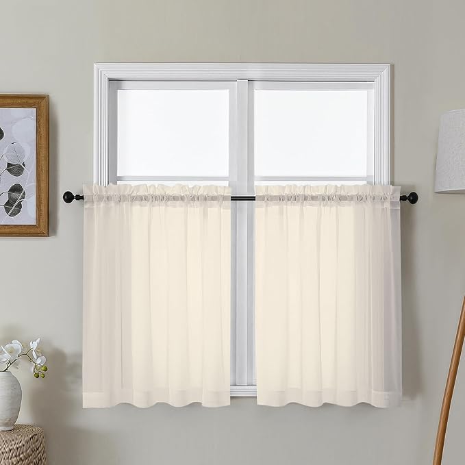 Gwine Cream Sheer Curtains 30 Inch Length, Short Light Filtering Voile Small Cafe Kitchen Curtains with Rod Pocket, Short Curtain for Bathroom Window, 42x30 Inch, 2PCS