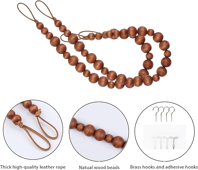 OCIOLI 2 Pieces Curtain Tieback Wood Bead Curtain Tiebacks Curtain Holdbacks for Wall Curtain Ties Window Treatment Curtain Tie Backs with Hooks Curtain Pull Backs (Coffee,2)