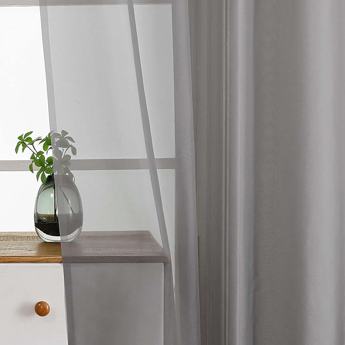 Grey Valances for Windows 14 inch Length 2 Panels, Small Voile Sheer Curtains for Bathroom, Soft Fabric Light Filtering Kitchen Curtains, Dual Rod Pocket, Charcoal Grey, 2x42Wx14L Inches